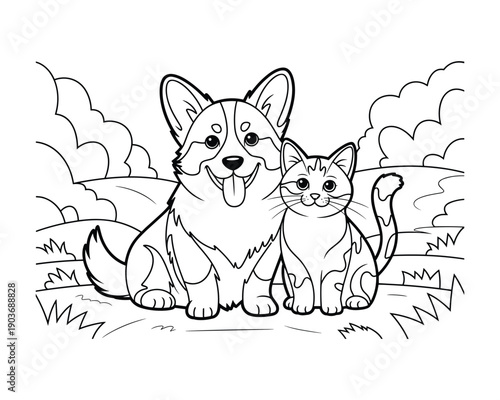 A friendly corgi dog and a cute tabby cat sitting together outdoors in a grassy field with clouds above