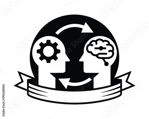 Conceptual logo representing knowledge transfer between human mind and mechanical gears