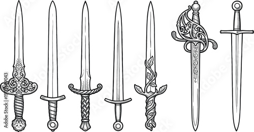 Ornate medieval dagger and sword line art collection featuring decorative fantasy blades vintage weapon designs black white engraving style vector illustration set