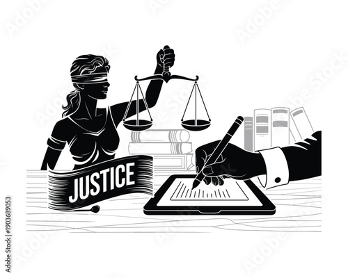 Symbolic illustration of Lady Justice holding scales while a hand signs document on tablet with books background