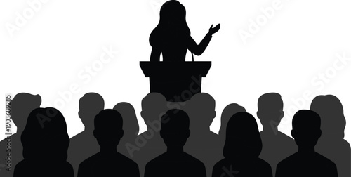 Silhouette of woman speaker addressing audience at podium during public speech, conference or political presentation concept isolated on white background illustration design