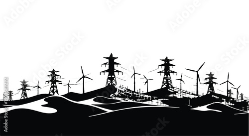 Renewable Energy Generation Panorama Wind Turbines and High-Voltage Power Lines on Hilly Terrain