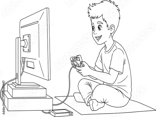 Child playing video game, sitting on mat, holding controller, gaming console, television screen, focused expression, black and white, indoor activity