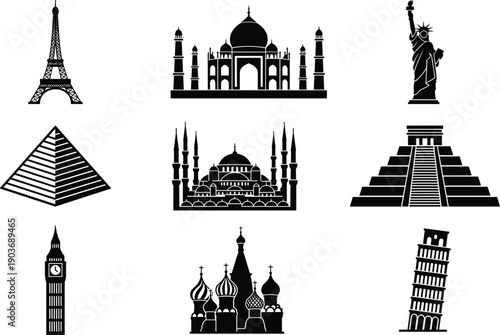 World famous landmarks silhouette collection featuring Eiffel Tower Taj Mahal Statue of Liberty pyramids Big Ben global architecture vector icons travel tourism set