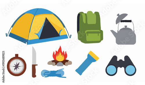 Flat camping equipment vector set with backpack tent compass gear