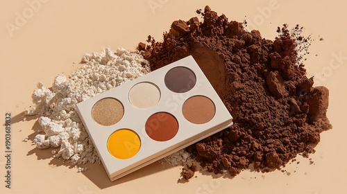 Makeup palette showcasing various shades against beige background with scattered powders