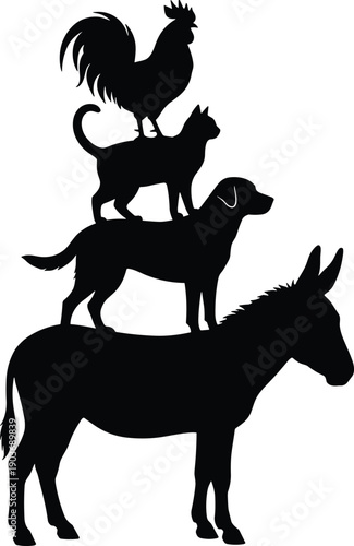 Silhouette of stacked farm animals including donkey dog cat and rooster based on the famous Bremen Town Musicians fairy tale.