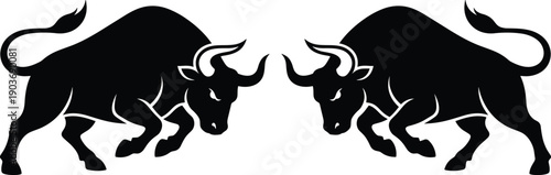 Two aggressive black charging bulls in mirror silhouette profile for finance market bull run competition and powerful livestock animal mascot