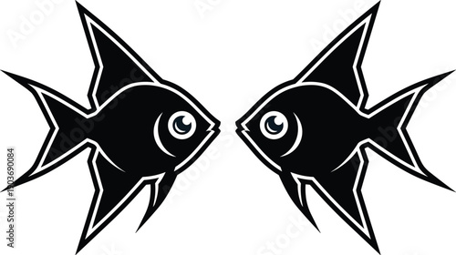 Symmetrical black angelfish vector silhouettes facing each other isolated on white background, modern aquatic wildlife logo design for tropical aquarium decor.
