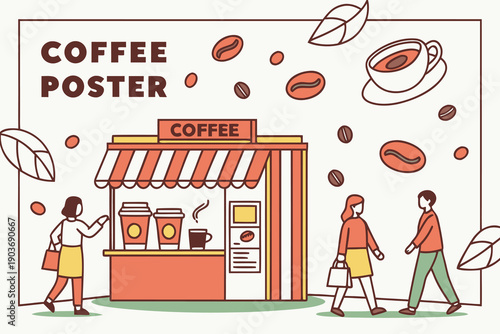 Coffee poster. Doodle coffee banner. Fun art with people drinking and enjoying drinks. Posters with cup, mug, espresso, coffee beans for cafe and shop. Vector set
