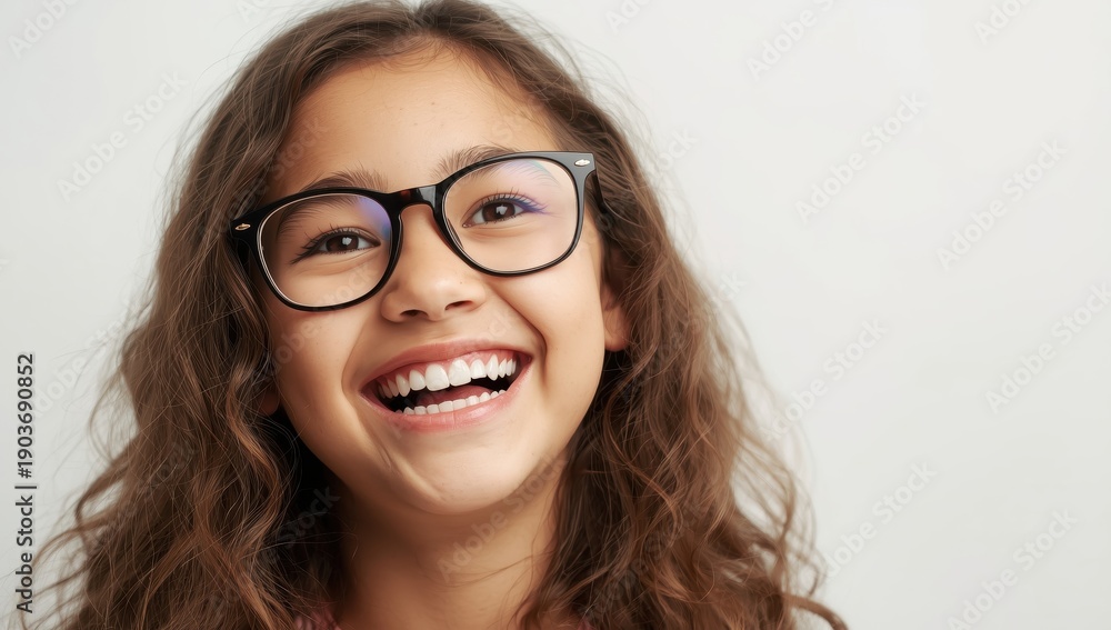 Obraz premium Joyful young girl in glasses laughing in front of a white backdrop