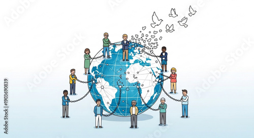 People from diverse backgrounds holding hands around the world symbolizing unity and global connection with doves flying above