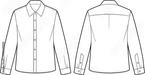 Classic Long Sleeve Shirt CAD Drawing, Flat Fashion Sketch Template, Front and Back Technical Vector Illustration for Apparel Design Use