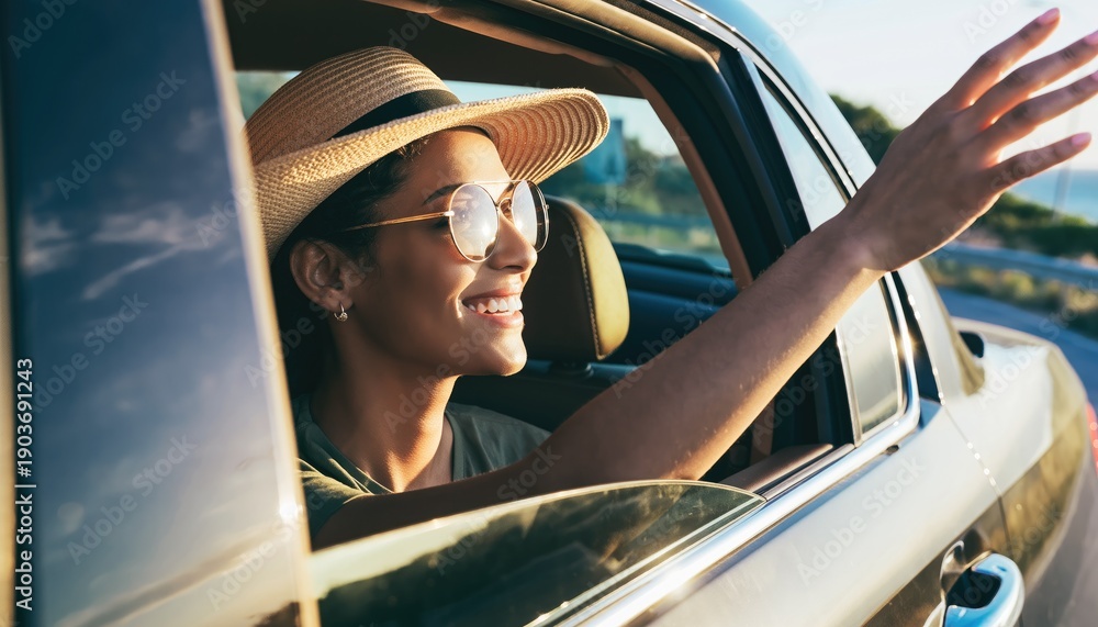 Fototapeta premium Joyful woman enjoying ride with hand out of car window in sunshine