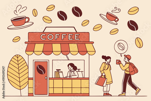 Coffee poster. Doodle coffee banner. Fun art with people drinking and enjoying drinks. Posters with cup, mug, espresso, coffee beans for cafe and shop. Vector set