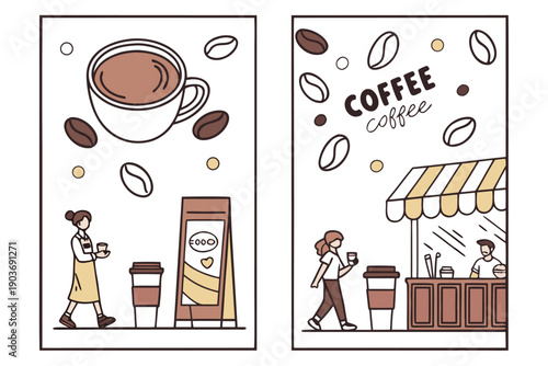 Coffee poster. Doodle coffee banner. Fun art with people drinking and enjoying drinks. Posters with cup, mug, espresso, coffee beans for cafe and shop. Vector set