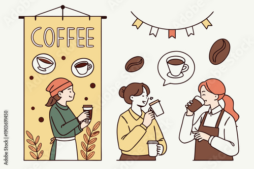 Coffee poster. Doodle coffee banner. Fun art with people drinking and enjoying drinks. Posters with cup, mug, espresso, coffee beans for cafe and shop. Vector set