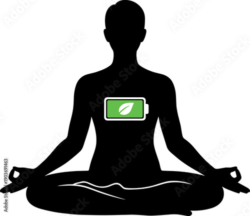 Yoga Meditation Silhouette with Green Energy Battery Icon | Wellness, Spiritual Recharge, and Natural Balance Vector Illustration for Health and Mindfulness Concepts.