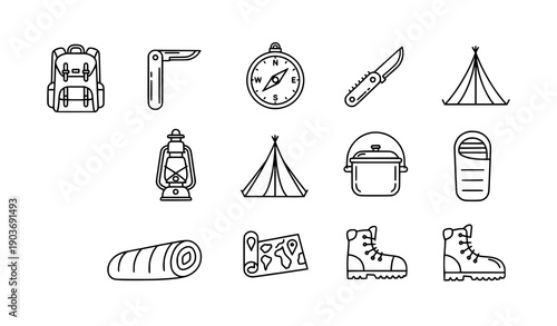 Camping gear outline icon vector set for outdoor adventure