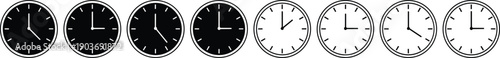 Clock icons collection showing different time positions featuring round wall clocks in black and white minimal vector style isolated on white background