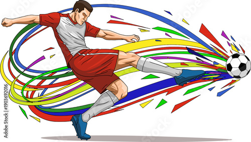 Dynamic footballer with vibrant streaks kicks a soccer ball, perfect for sportsthemed designs, sports blogs, football articles, and posters