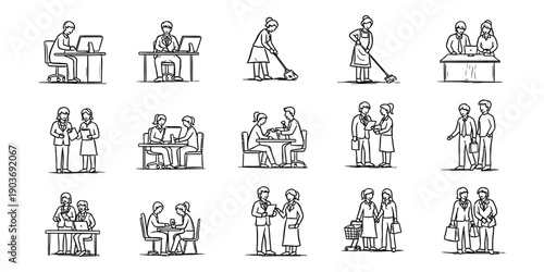 Various people in different work and social interactions