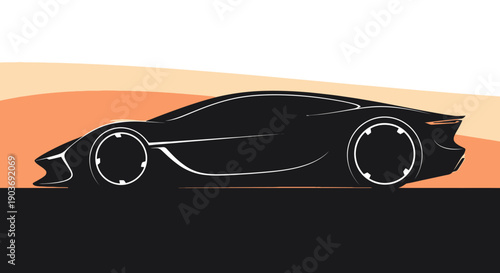 Sleek black sports car speeding across vibrant orange landscape
