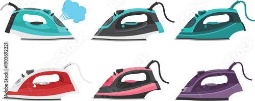 Collection of colorful steam irons, household appliances, modern design, electric ironing devices, steam function, ergonomic handle, home care, product variety