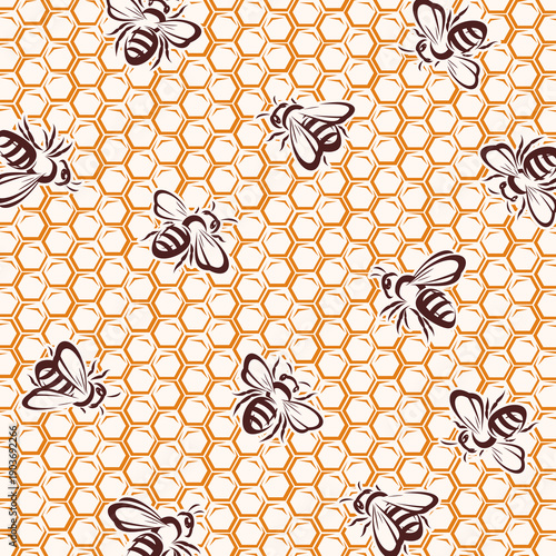 Bee and honey background, pattern set. Collection icon bee and honey. Vector