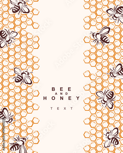 Bee and honey background, pattern set. Collection icon bee and honey. Vector