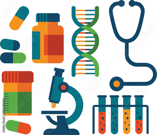 Medical icons depicting healthcare research and pharmaceutical elements in flat design vector on white background.