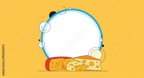 Yellow background with three different types of cheese slices and a large circular frame for text in the center.
