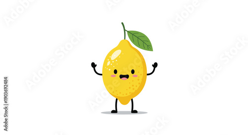Cheerful illustration of a cute cartoon lemon character with a happy face and waving arms on a white background.