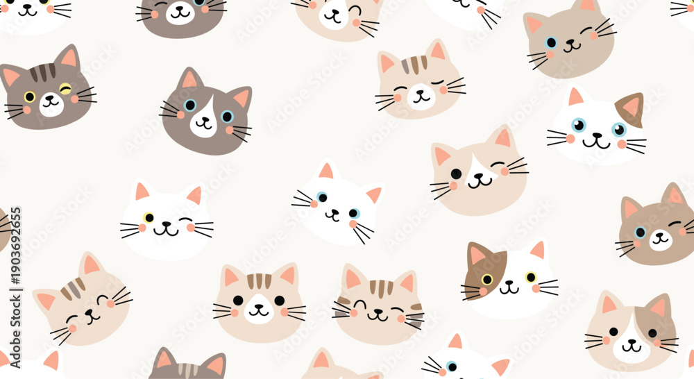 Fototapeta premium Cute seamless pattern of various cat heads with different colors and expressions on a light grey background for pets.