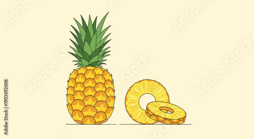 Whole ripe pineapple with green leaves and two round slices shown side by side on a neutral beige background color.