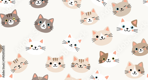 Cute seamless pattern of various cat heads with different colors and expressions on a light grey background for pets.
