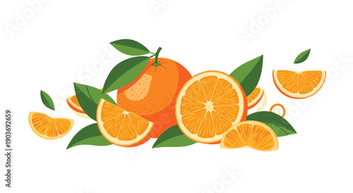 Arrangement of fresh whole oranges and orange slices with green leaves scattered around on a white background.