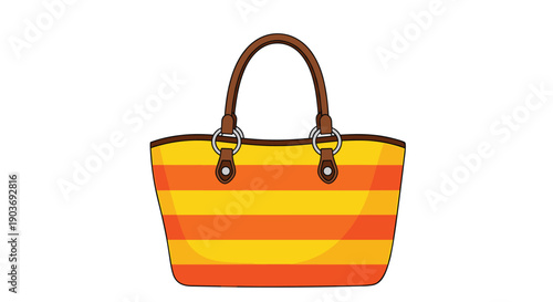 Stylish orange and yellow striped summer tote bag with brown leather handles isolated on a white background.