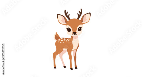 Adorable young fawn character with brown fur and white spots standing and looking forward in a cute cartoon illustration style.