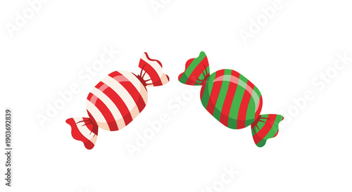 Pair of wrapped hard candies with colorful striped patterns in red, white, and green colors perfect for a festive holiday treat.