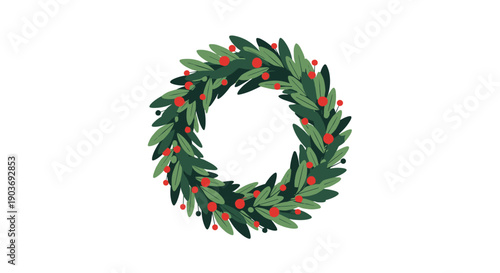 Traditional Christmas wreath made of green evergreen leaves and decorated with many small bright red holly berries in a circular shape.