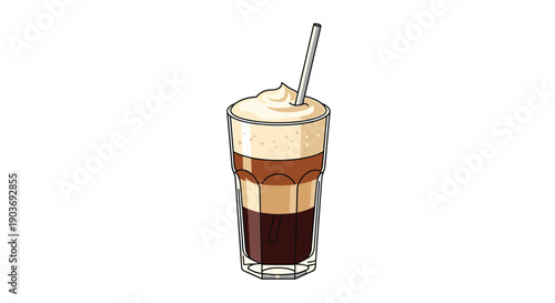 Tall glass of layered coffee beverage with dark espresso at the bottom and a thick creamy foam topping including a straw.
