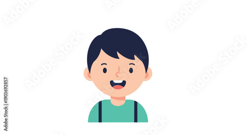 Simple cartoon avatar of a happy young boy with black hair and a smiling face wearing a green shirt with suspenders.