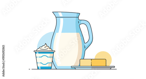 Selection of dairy products including a large glass jug of fresh milk alongside a cup of yogurt and a block of butter on a plate.