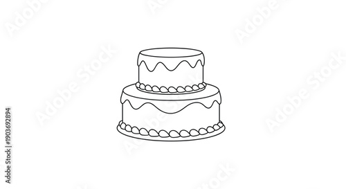Simple black and white line drawing of a two-tier celebratory cake with decorative frosting and cream on a white background.