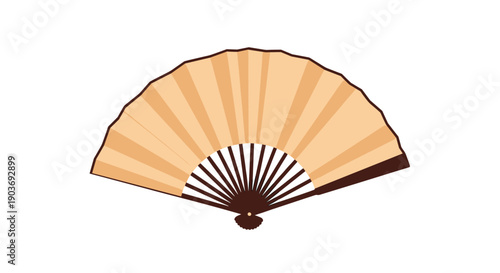 Traditional folding hand fan in a light peach color with dark brown wooden ribs opened in a wide semicircular shape.