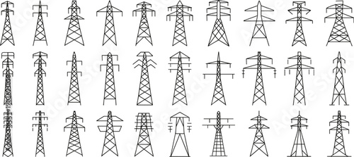 Collection of various electricity transmission towers, high voltage pylons, power lines, and utility poles vector set for energy infrastructure