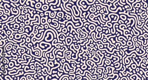 Intricate organic seamless pattern of cream-colored wavy lines and dots on a deep navy blue background for textile.