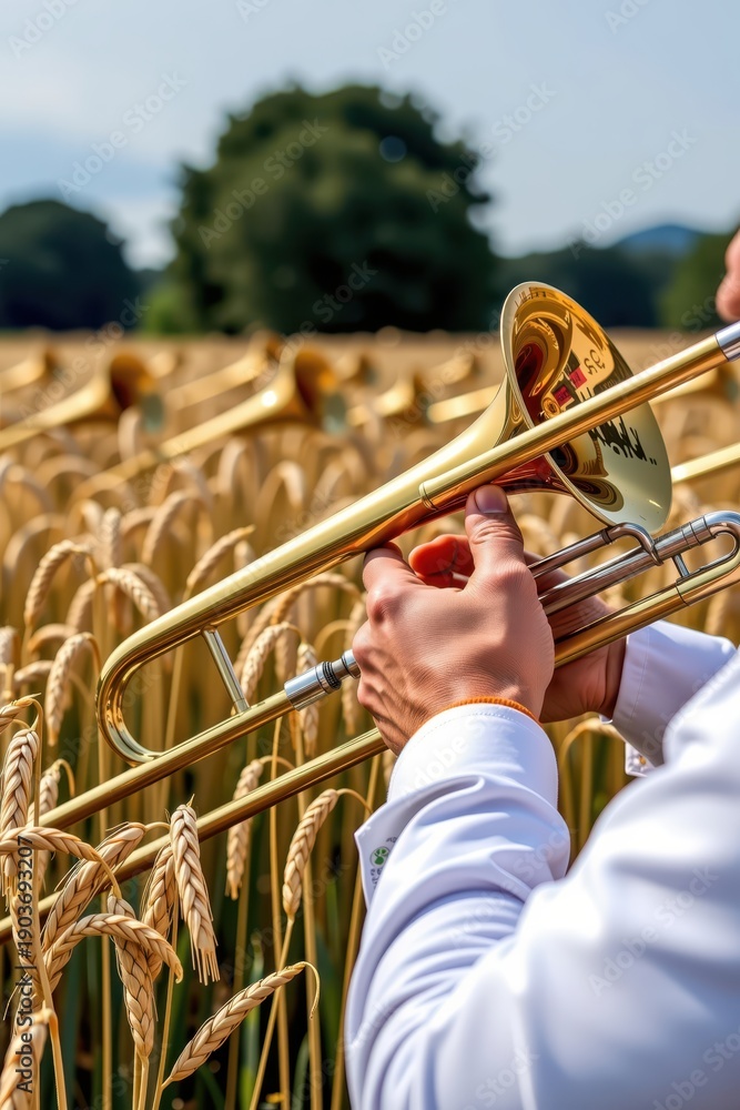 Fototapeta premium A musician plays a trumpet in a golden field, surrounded by wheat, blending music with nature in a vibrant outdoor setting.