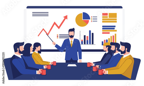 Office Teamwork and Business Meeting Illustration Set – Collaboration, Brainstorming, Presentation, Productivity, and Corporate Strategy